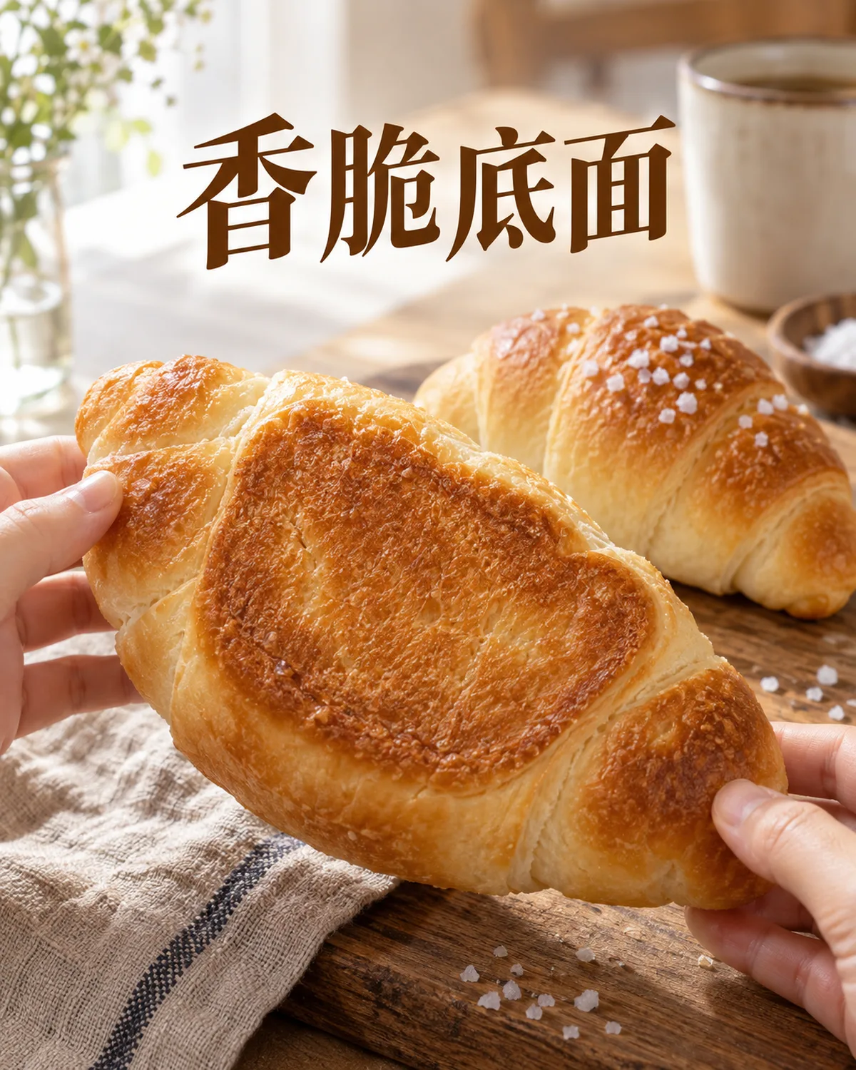盐面包烤成褐色的底部，与柔软内部的口感不同。
