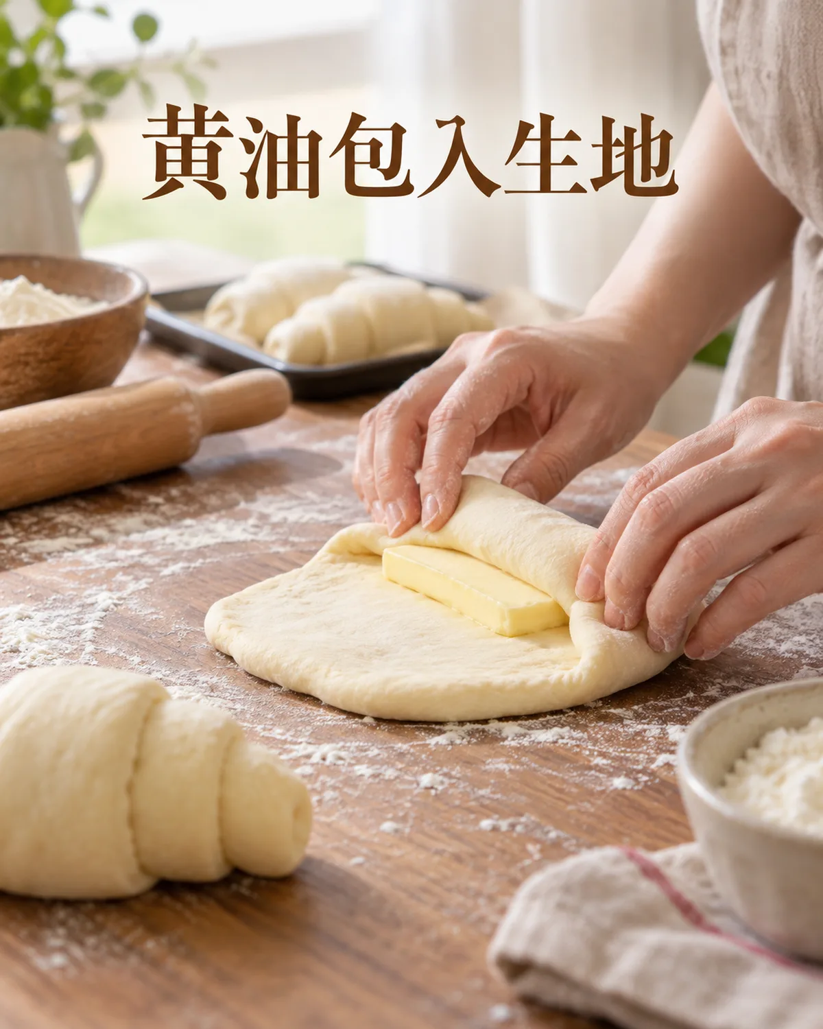 把黄油包入面团，是理解盐面包烘烤后结构的一步。
