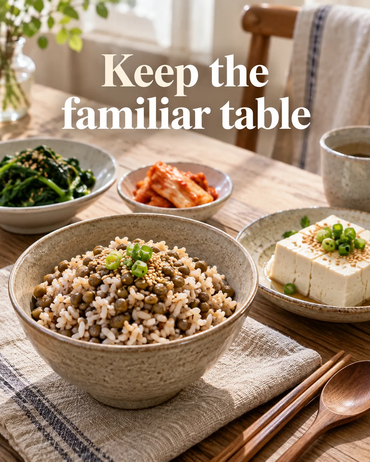A mixed-grain rice bowl keeps familiar tofu, vegetable and kimchi sides around it.