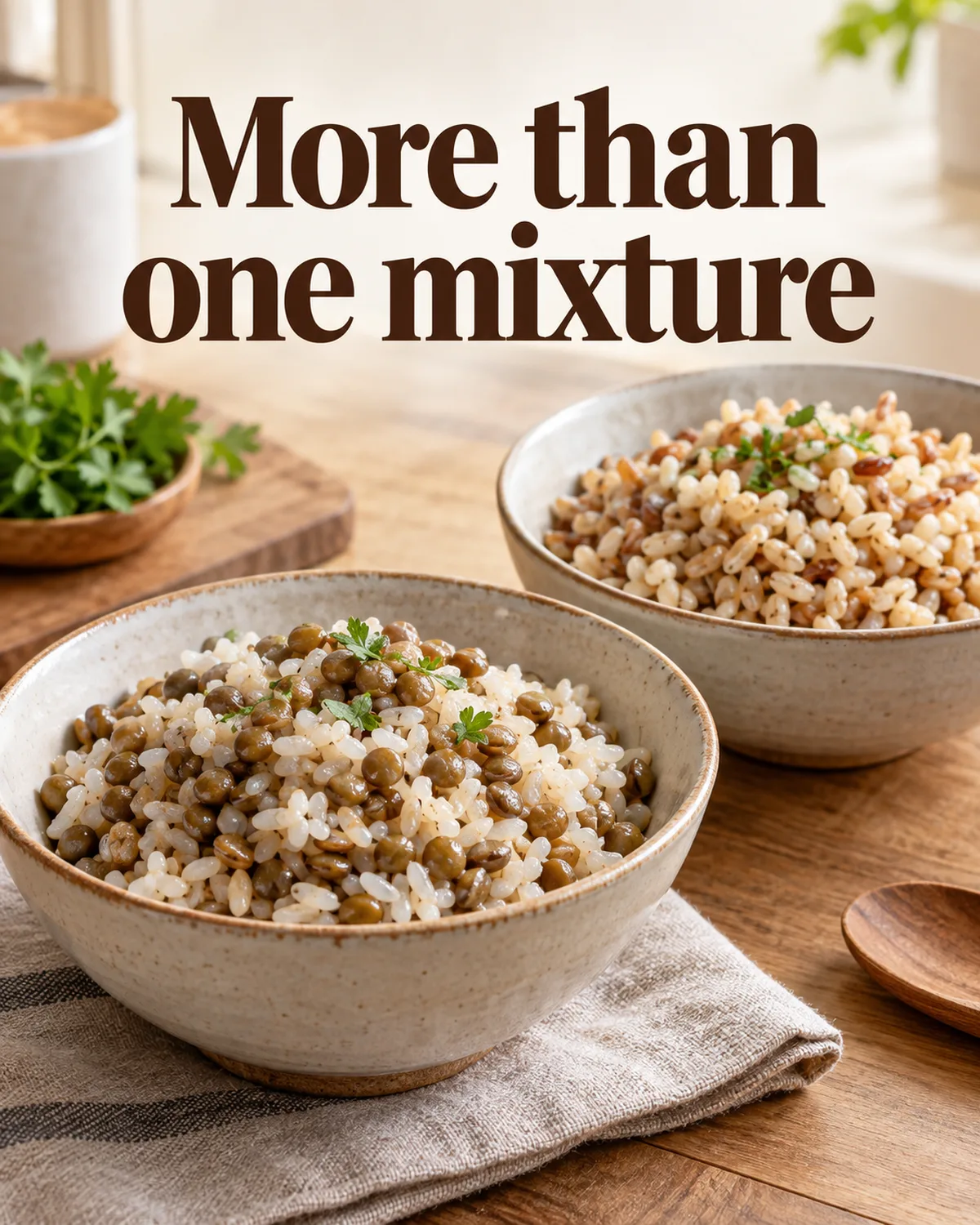 Lentil-rice and barley-brown-rice mixtures can look and feel different.