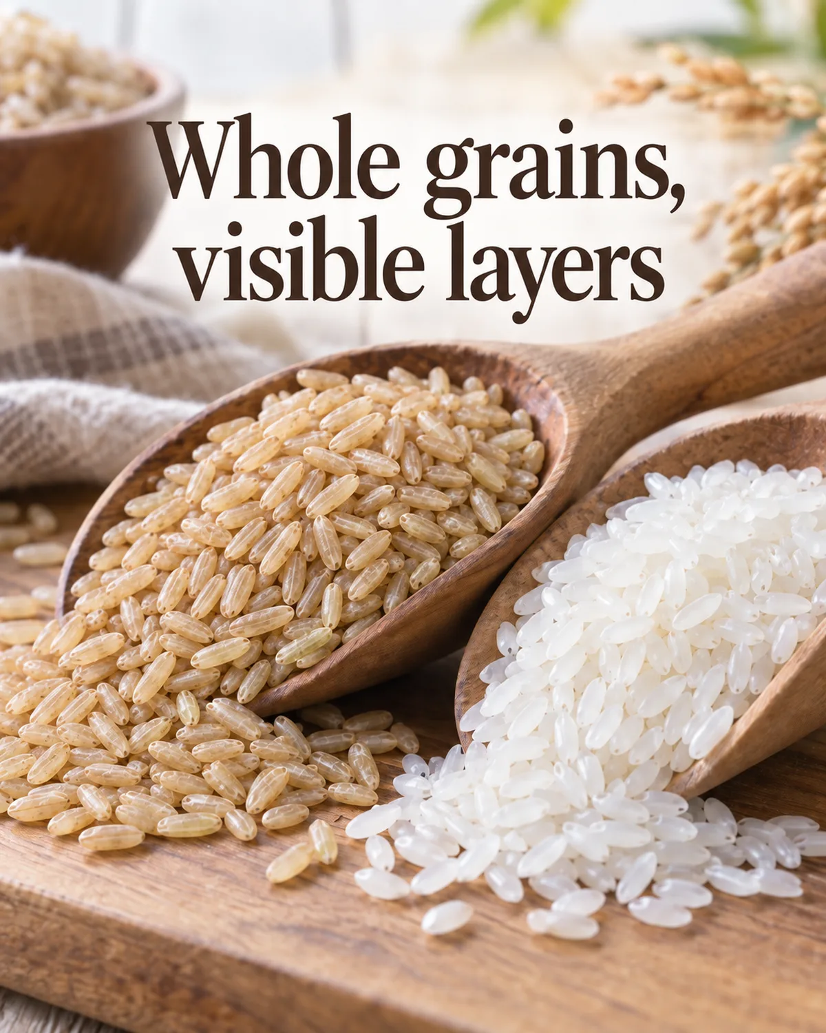Brown rice retains outer layers that polished white rice largely loses.