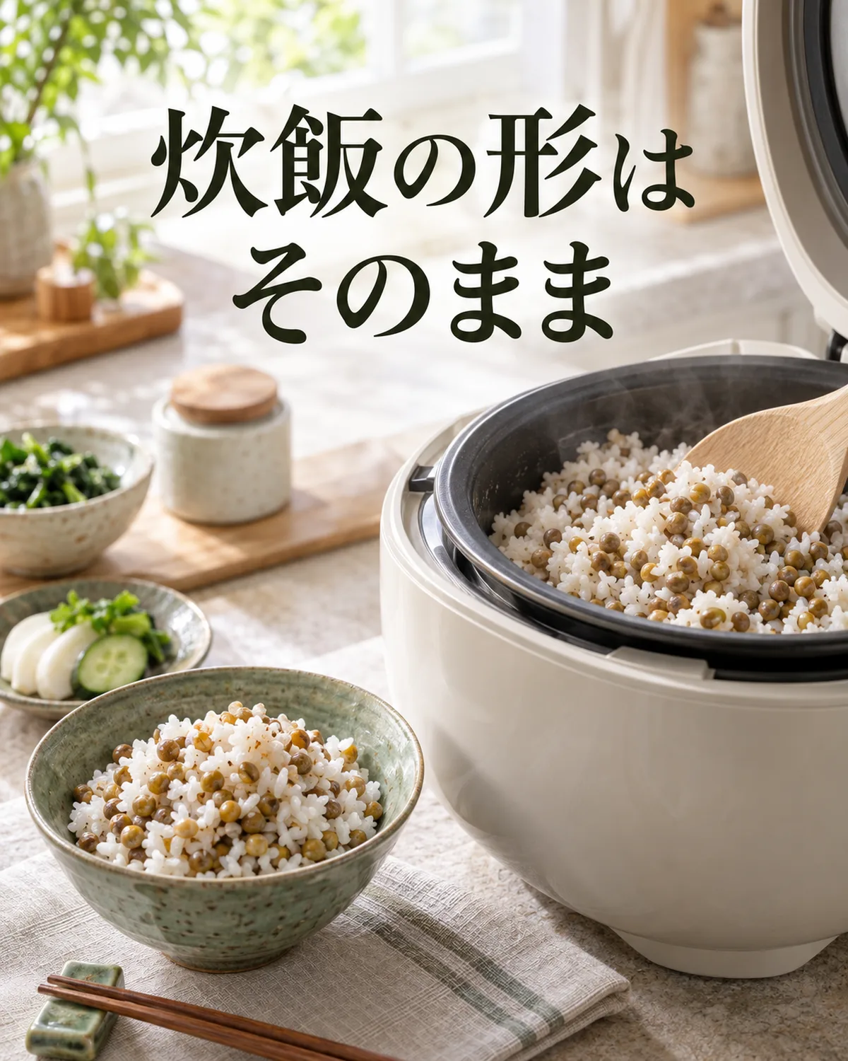 炊飯という慣れた仕組みに、新しい穀物や豆を加える考え方です。