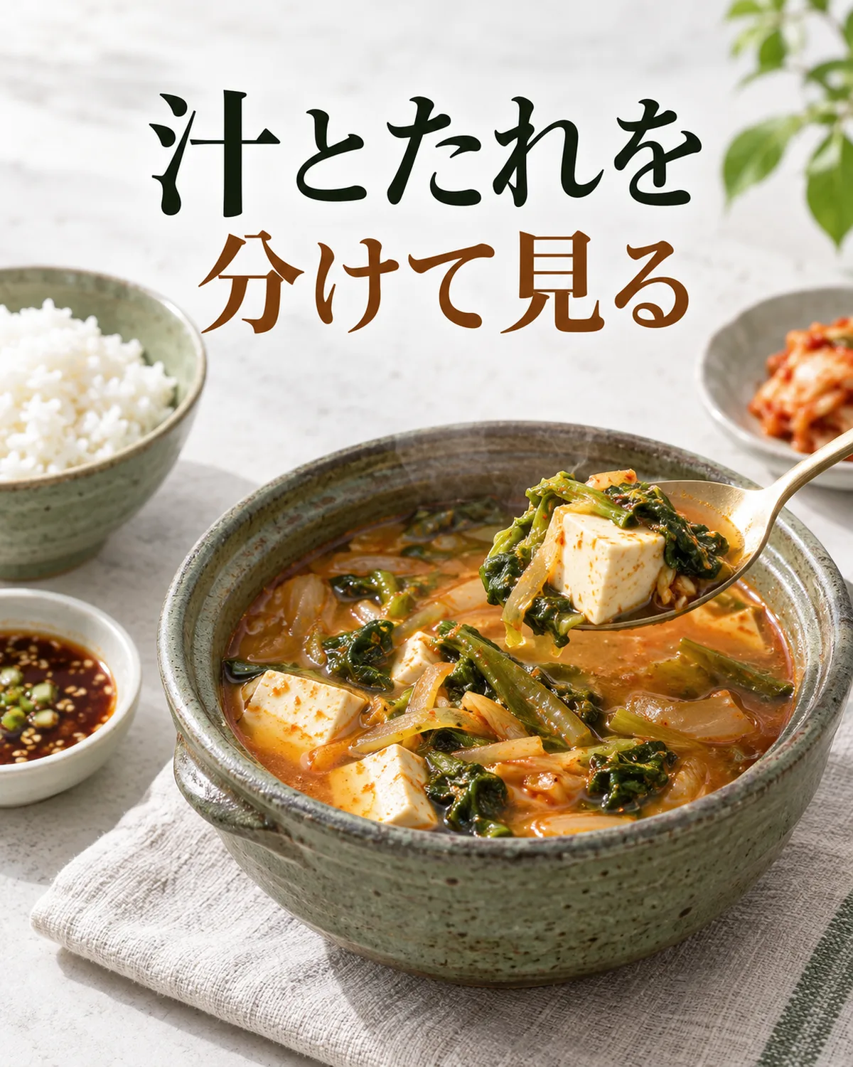 具、飲む汁の量、添えるたれは、それぞれ考えられます。
