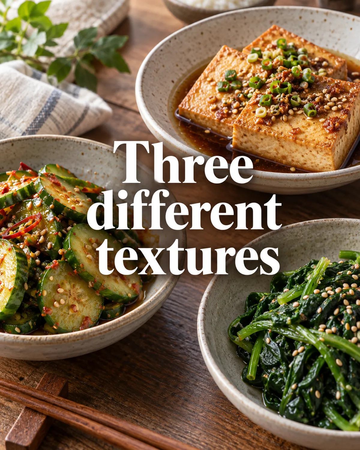 Crisp cucumber, tender spinach and saucy tofu provide different bites beside rice.