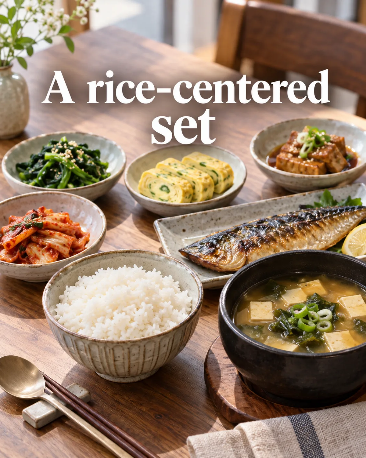 A baekban setting brings prepared sides around rice and soup.