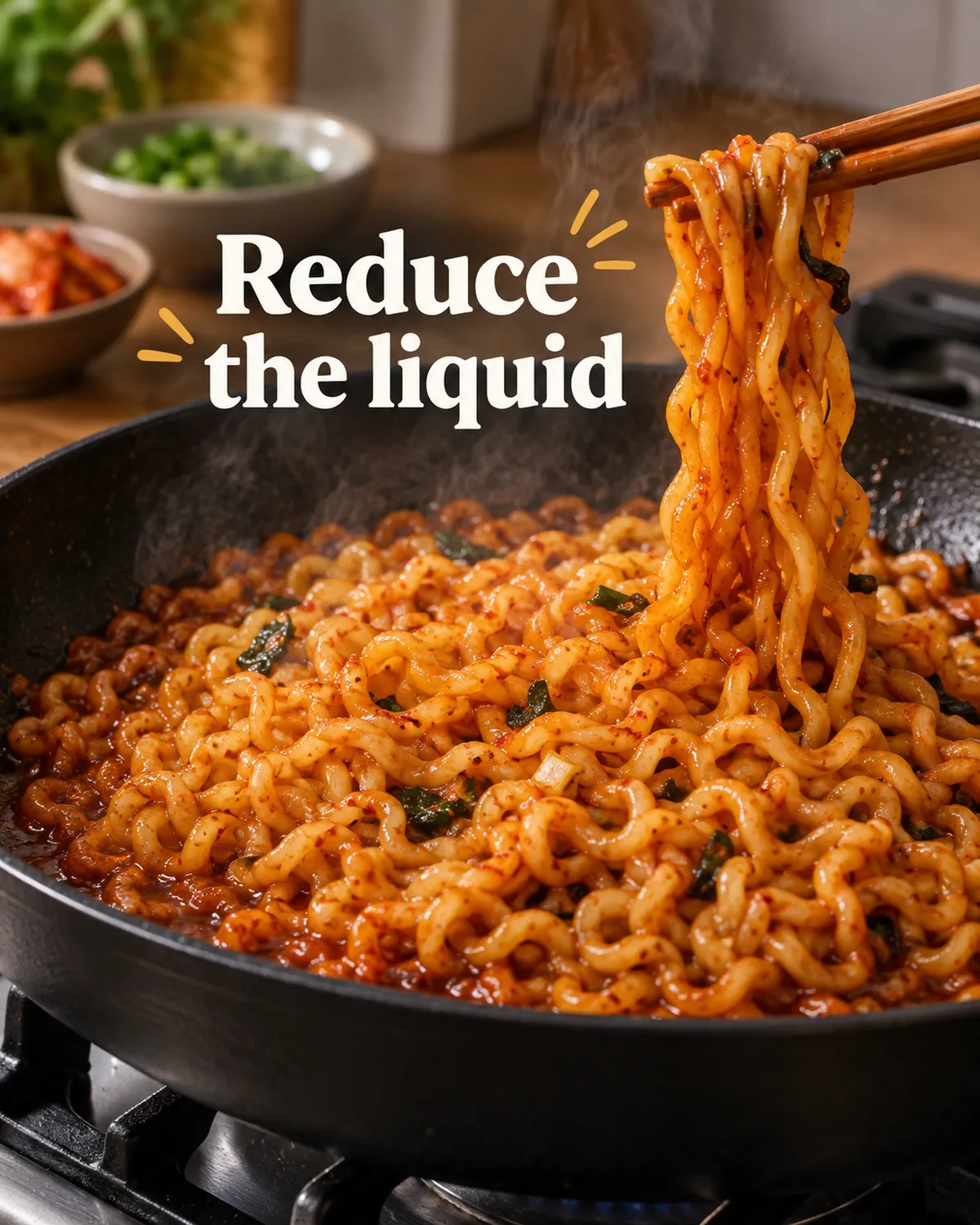 Pan reduction changes how seasoning coats the noodles.