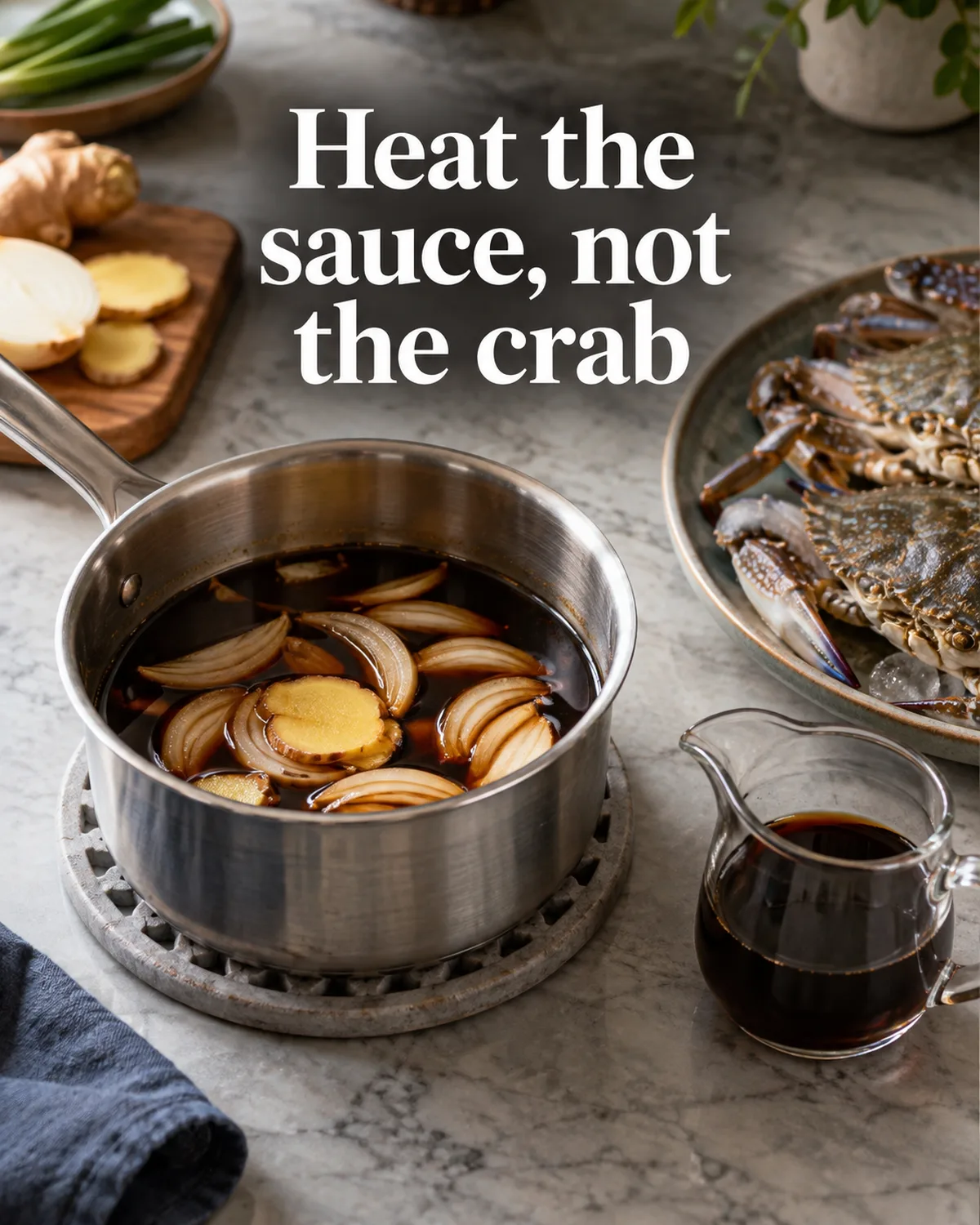 The aromatic sauce is prepared separately from the raw crab.