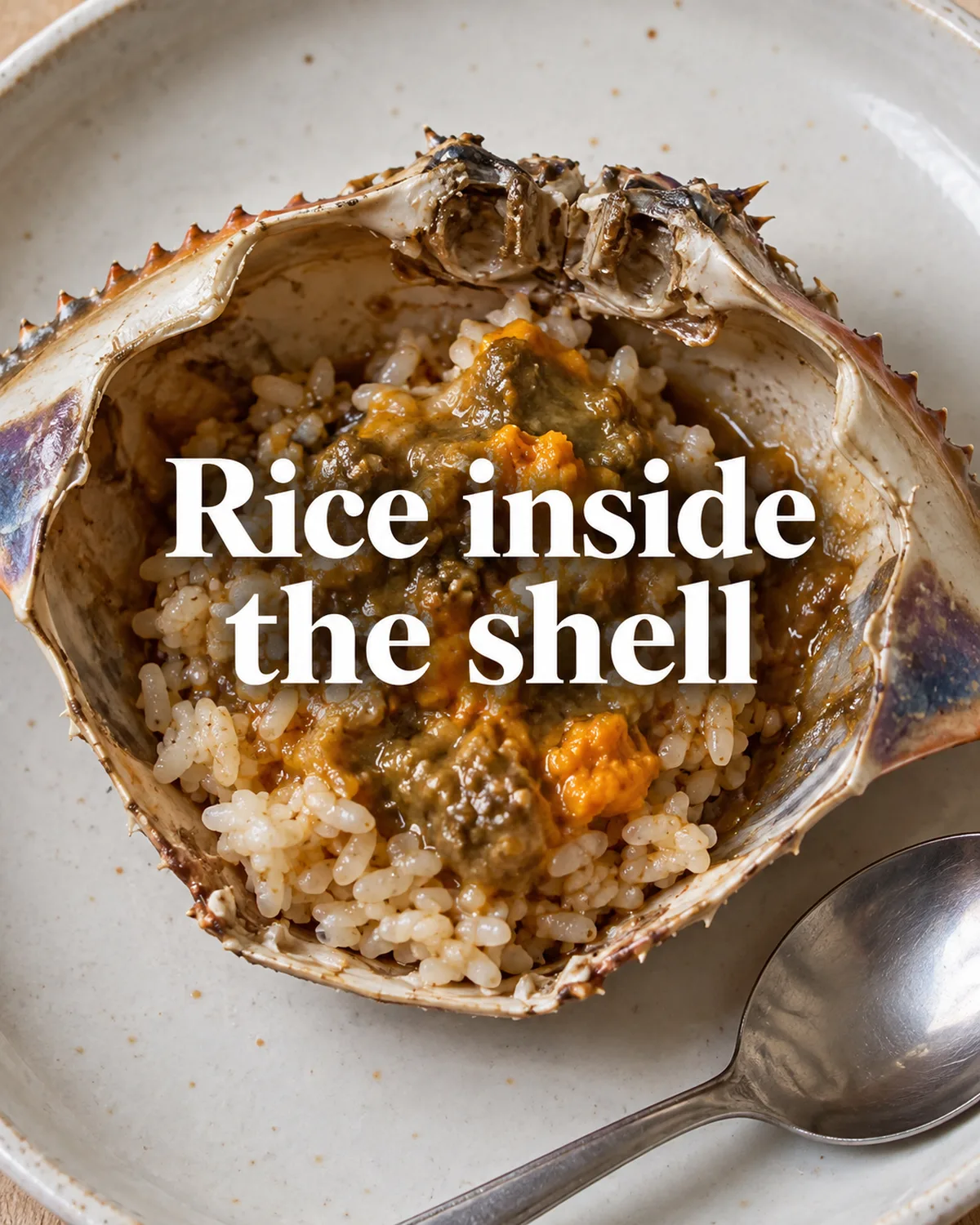 The open carapace can hold rice mixed with the remaining rich contents.
