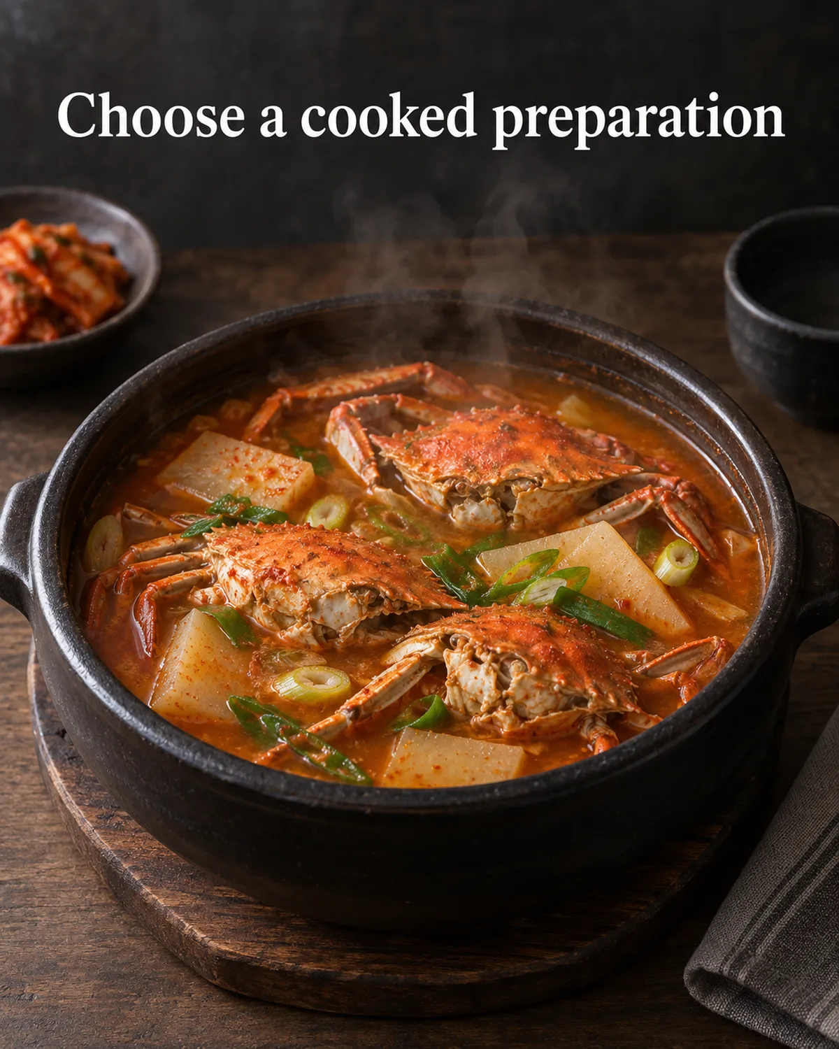 A fully cooked crab dish offers a different texture and raw-seafood choice.