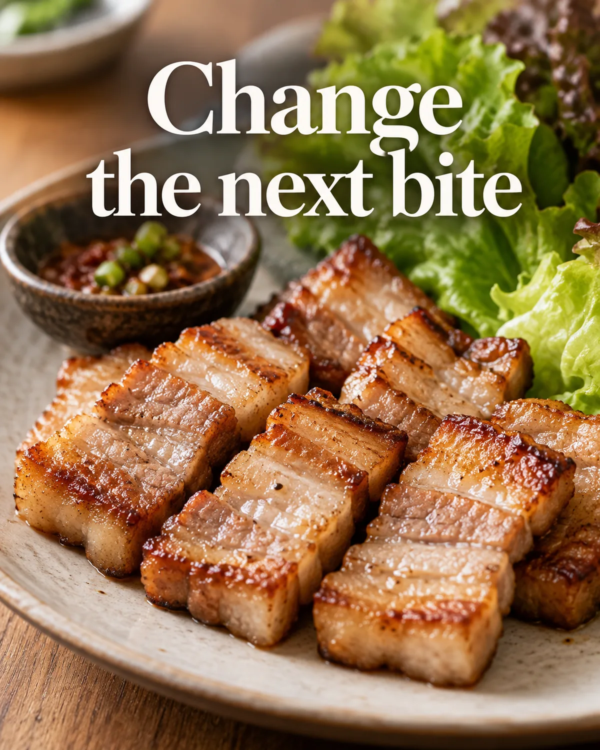 A cooked pork-belly piece can be tasted plain or with accompaniments.