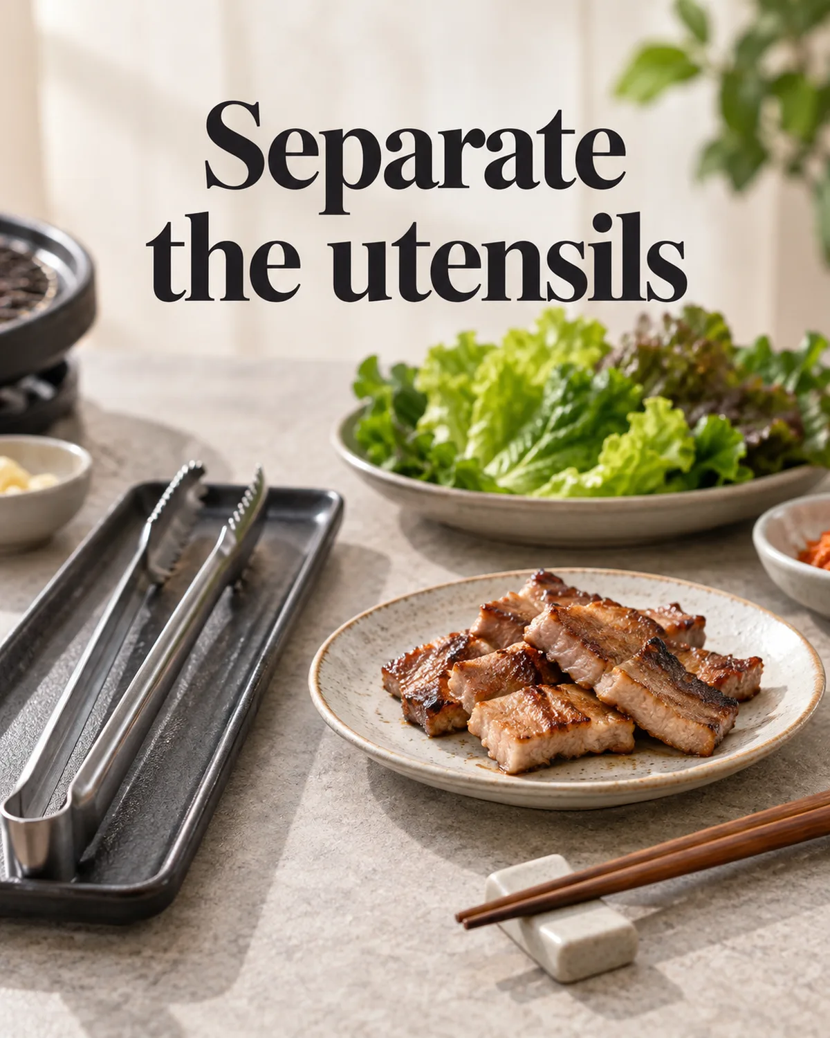 Keep raw-meat handling tools away from cooked food and ready-to-eat sides.