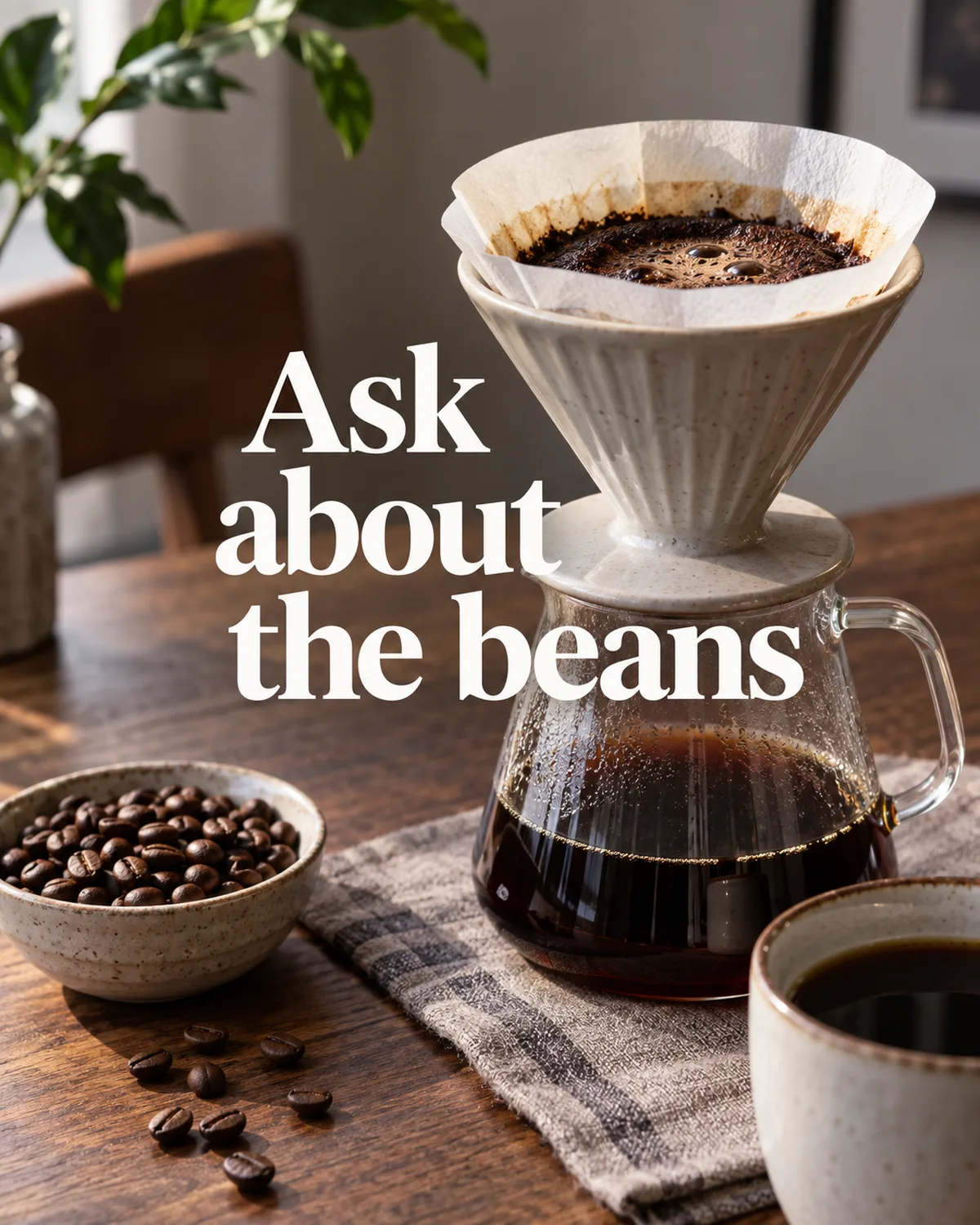 Filter coffee foregrounds the shop’s beans and brewing style.