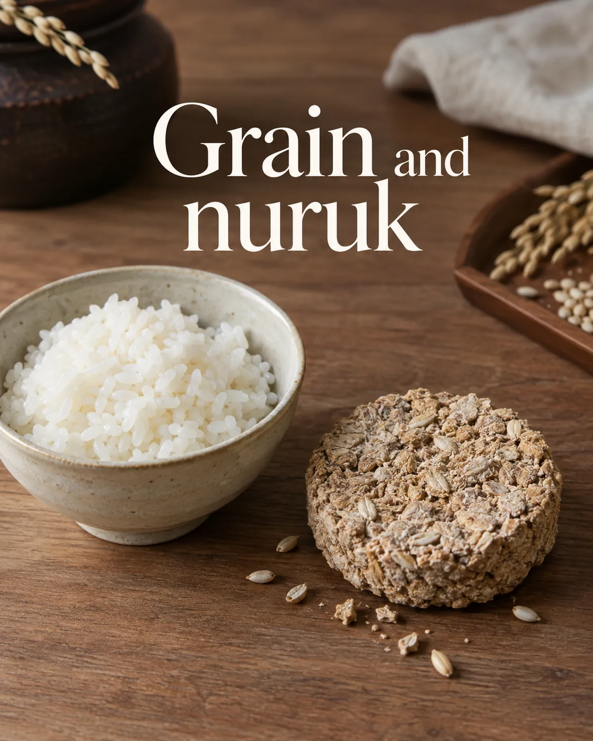 The conventional method connects cooked grain and a fermentation starter.