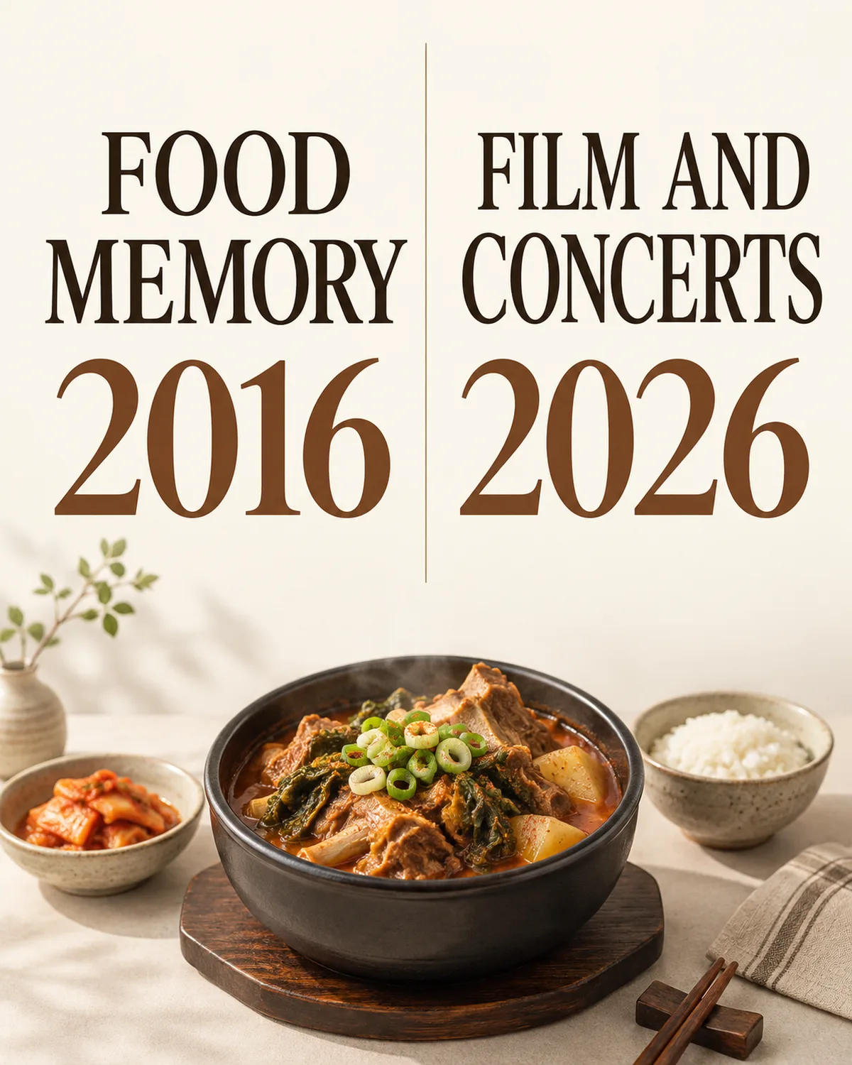 The food recollection dates to 2016; the film and concerts belong to the 2026 calendar.