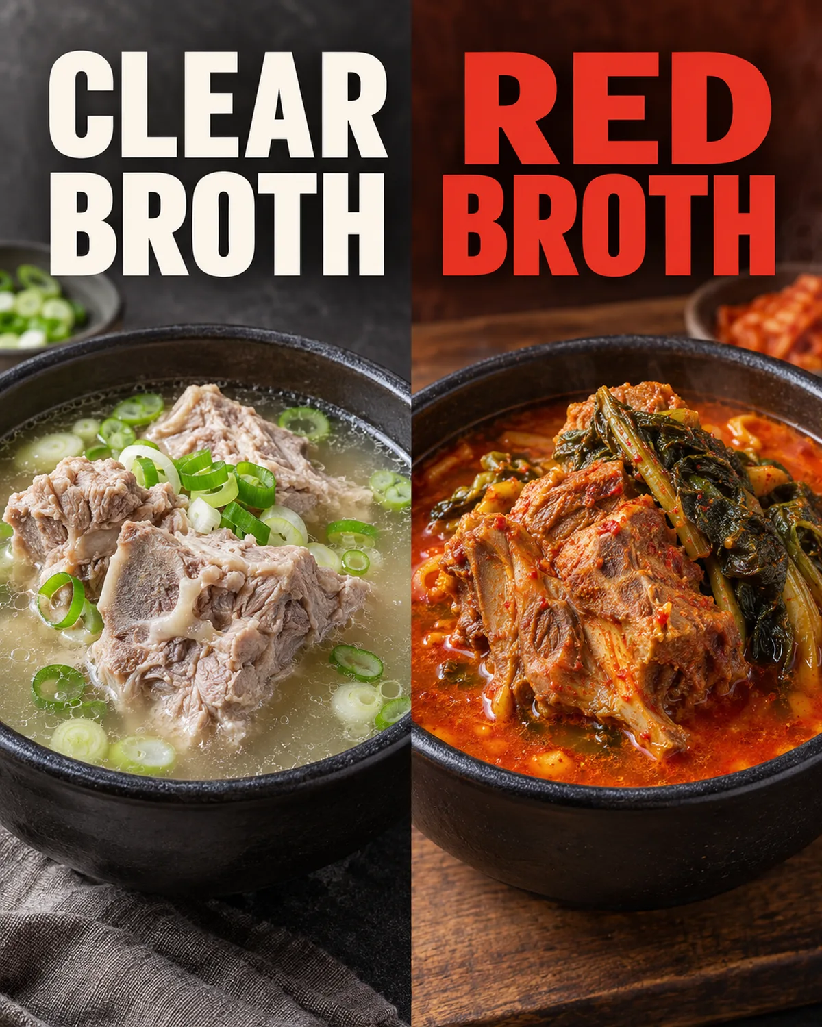 A clear pork-bone soup provides a different reference from a red broth.