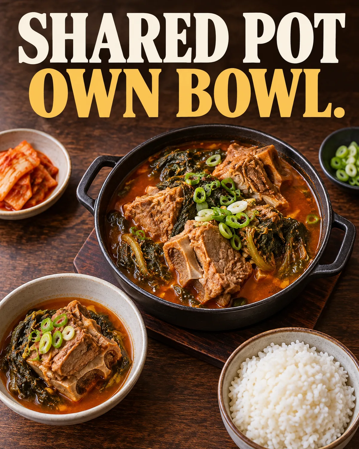A shared pot and an individual bowl shape how the meal is served.
