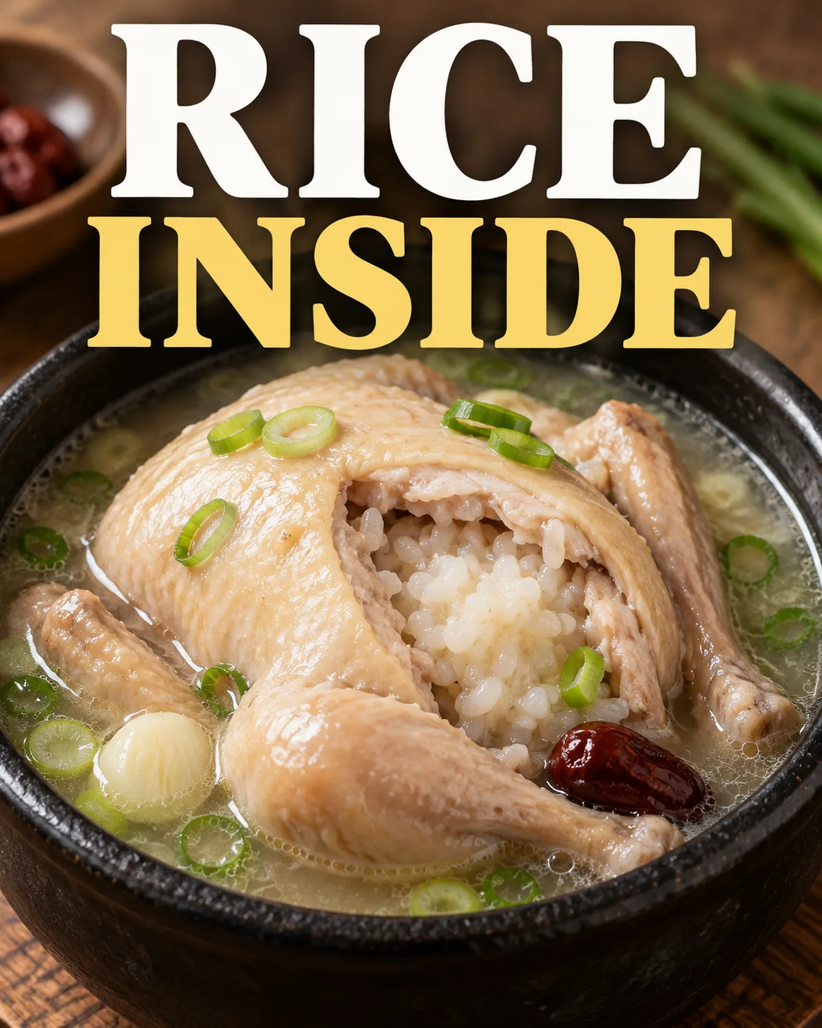 Opening the small chicken reveals the rice filling.