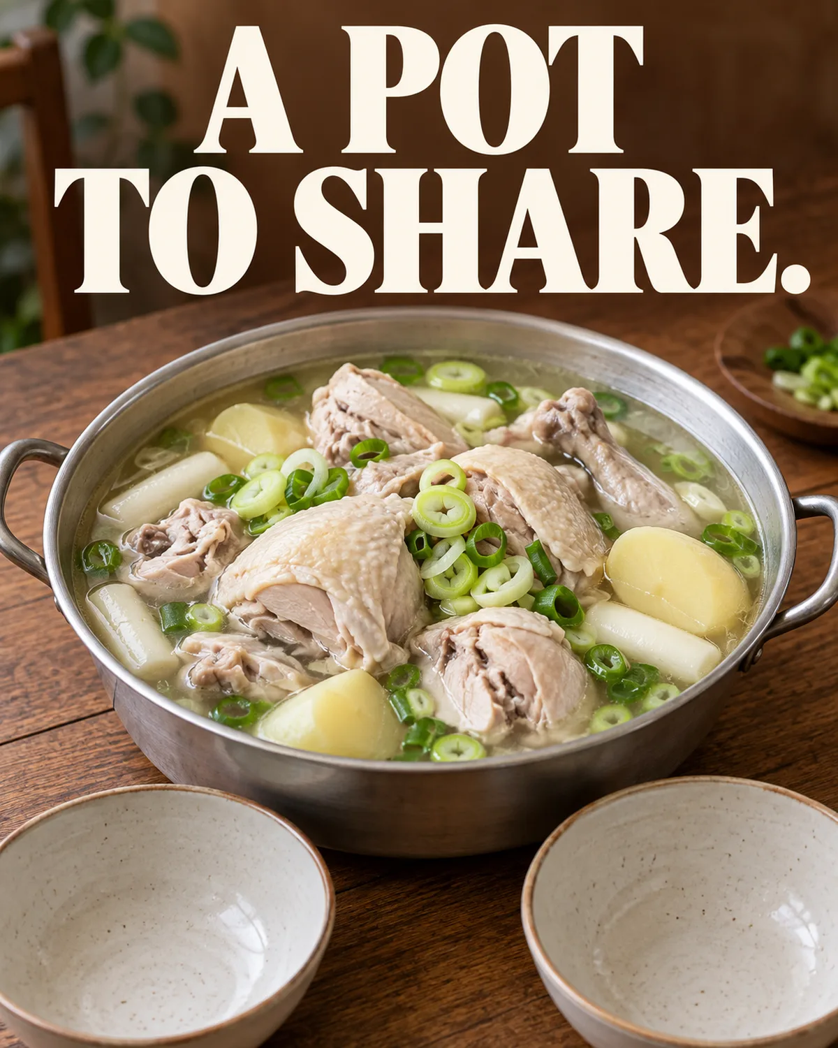 A shared chicken pot creates a different meal format from an individual bowl.