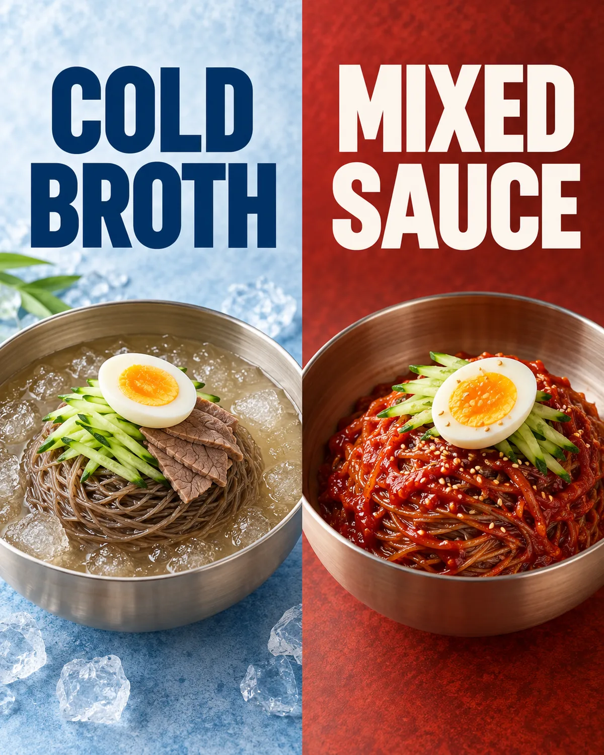 Cold broth and mixed sauce lead to different naengmyeon mouthfuls.