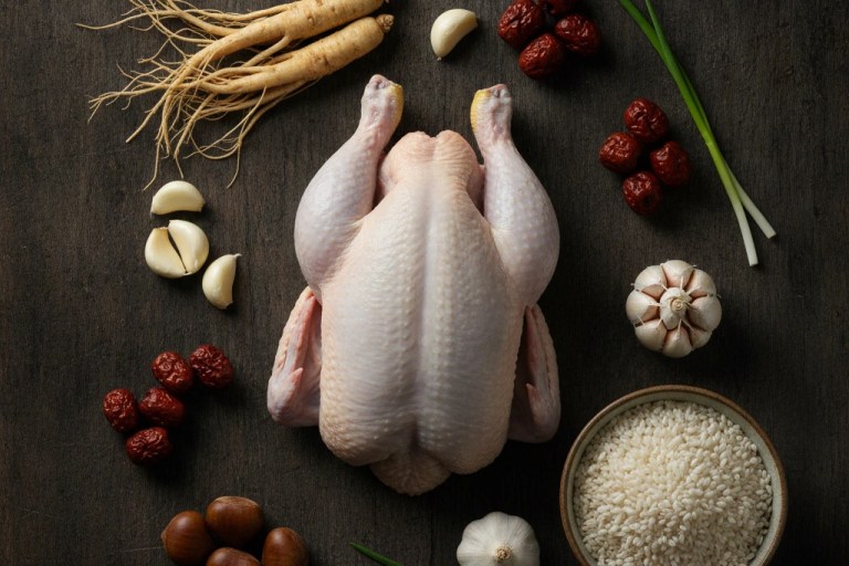 Samgyetang ingredients whole young chicken ginseng root jujube garlic and glutinous rice — samgyetang ginseng chicken