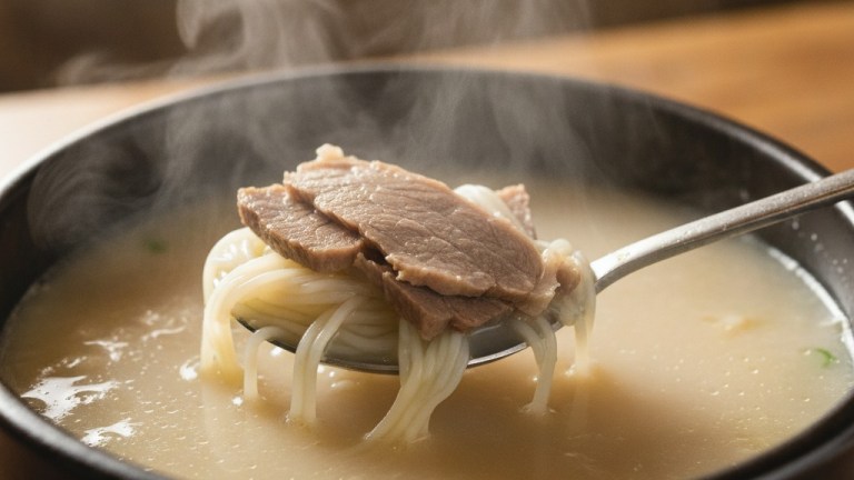 Close up of milky white ox bone broth seolleongtang with a spoon showing creamy texture