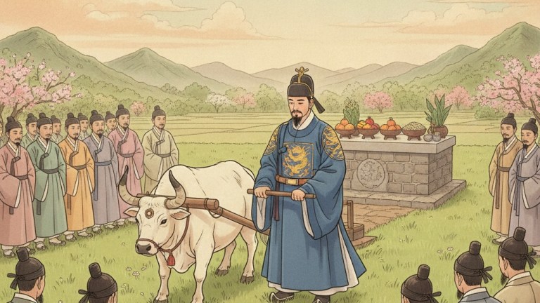 Illustration of a Joseon dynasty Korean king ceremonially plowing a field with an ox at Seonnongdan altar — seolleongtang