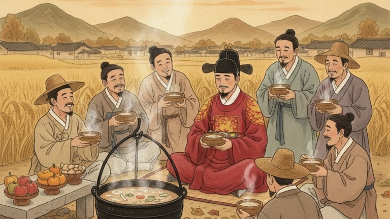 Illustration of a Korean king sharing ox bone soup from a large cauldron with common farmers — seolleongtang
