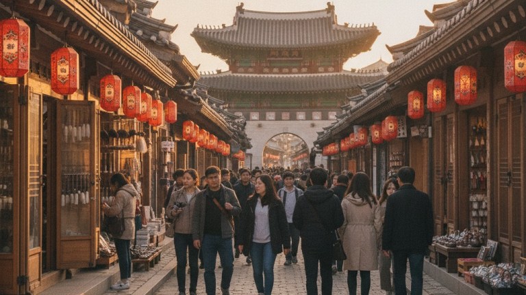 Traditional street in Jongno old-town Seoul near Insadong with hanok roofs and lanterns — seolleongtang