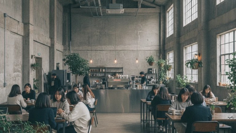 A spacious warehouse-style cafe with raw concrete walls and high ceilings in Seongsu-dong, Seoul — seongsu salt bread