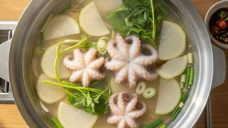 泰安のパクソク・ナクチタン。ひょうたんの白い果肉と大根が入った、澄んだ汁のタコスープの鍋