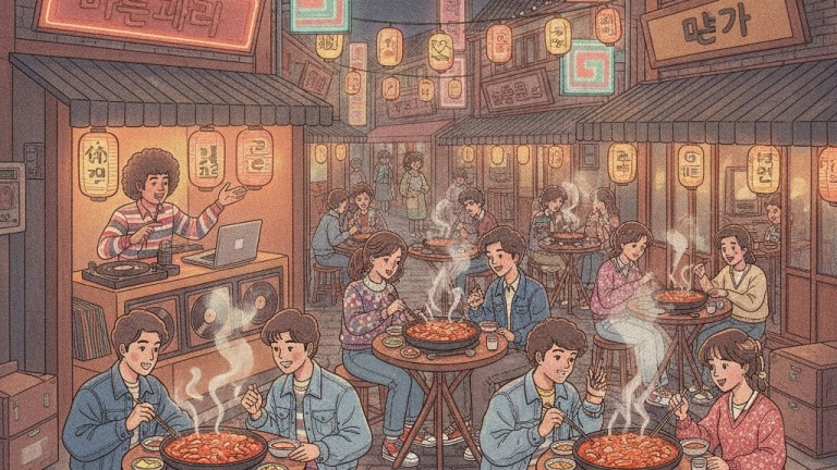 Folk painting style illustration of 1980s Sindang-dong tteokbokki alley in Seoul with young couples a DJ box and steaming pans of rice cakes — sindang tteokbokki