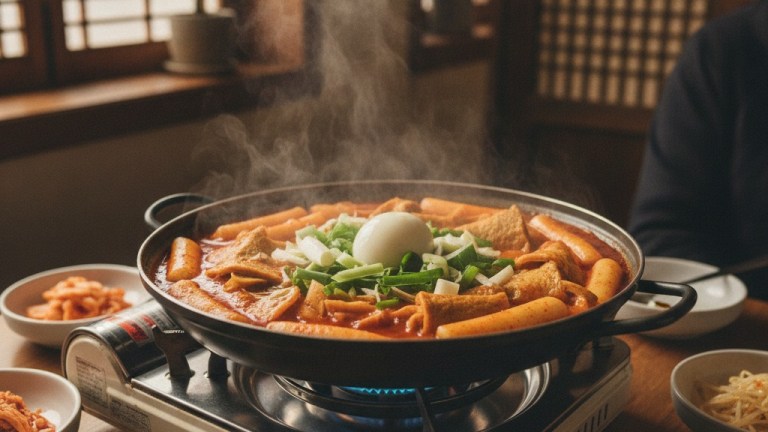 Bubbling pan of Sindang-dong instant tteokbokki Korean spicy rice cakes with fish cake noodles and egg cooking on a table burner — sindang tteokbokki