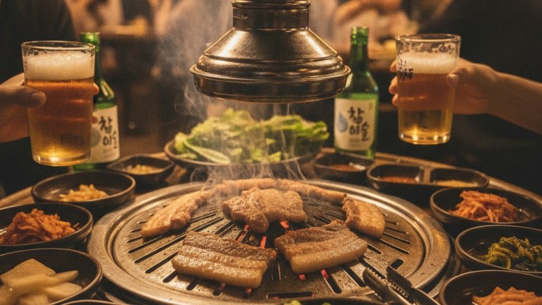 Korean BBQ grilling meat at a table in Seoul, what to eat in Seoul at night — eat seoul