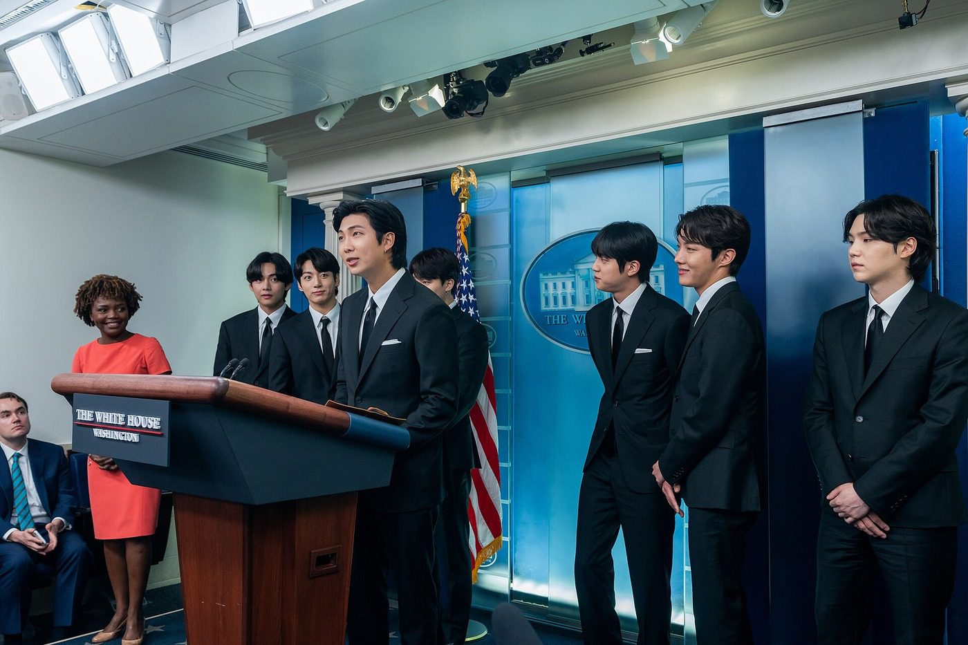 BTS members speaking at a White House press briefing — bts hangul typeface