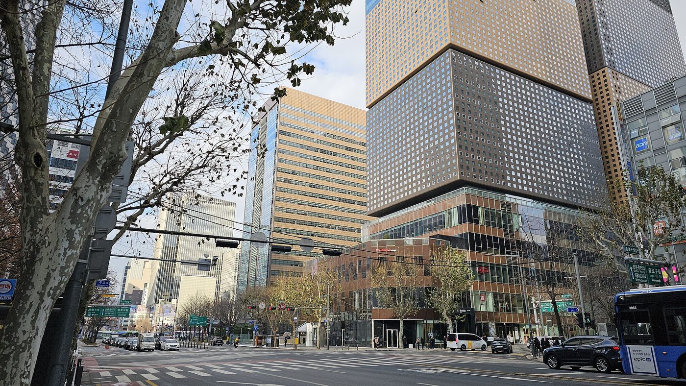 Street view of the Jongno business district near Gwanghwamun Station in Seoul — bts hangul typeface
