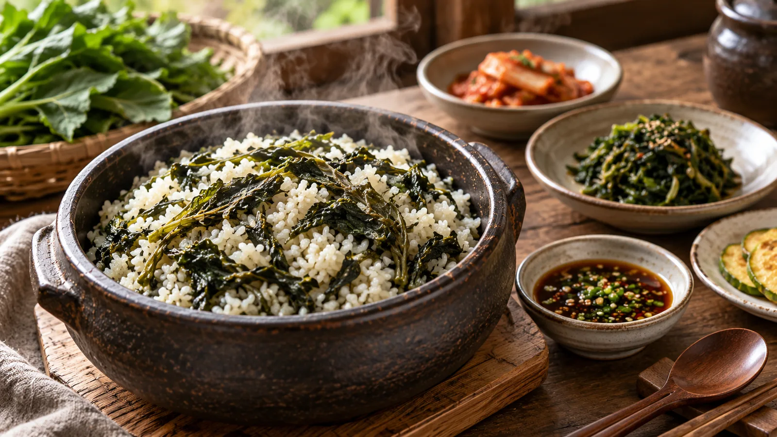 Gondeure namul bap served with Korean side dishes