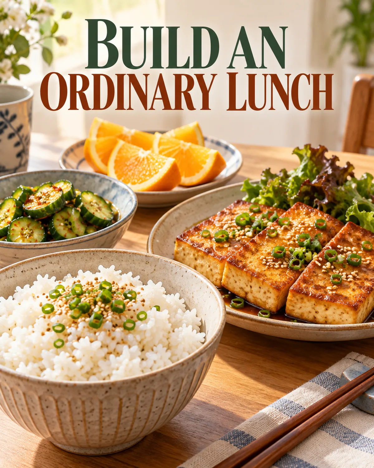 Rice, a chosen main dish and vegetables offer different textures.