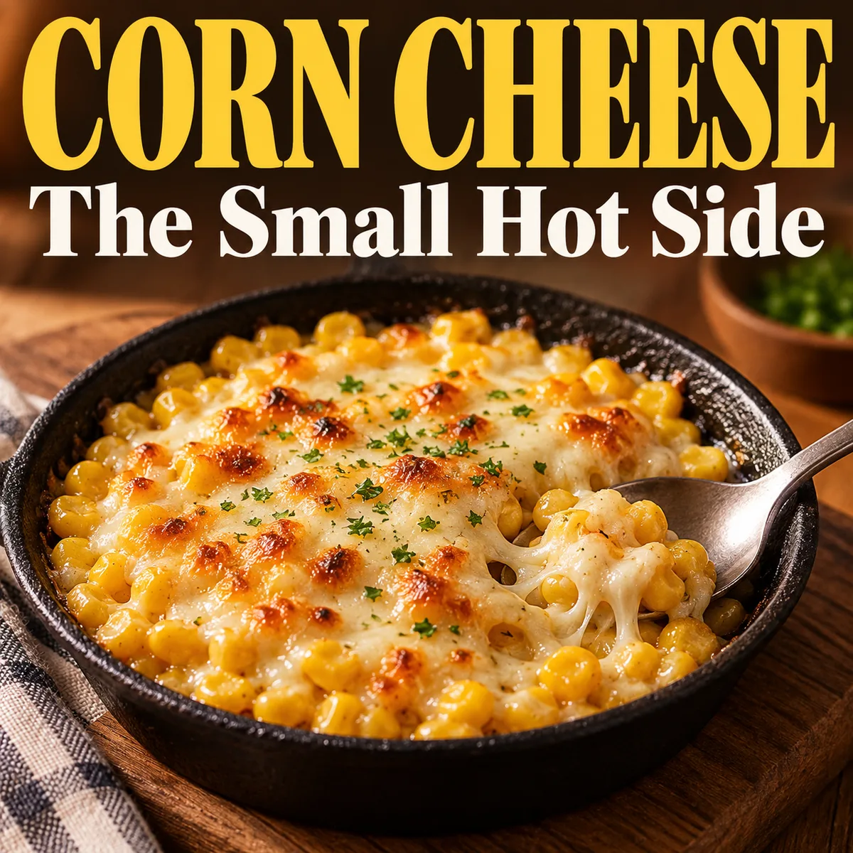 A small hot corn-and-cheese side brings distinct kernels beneath a melted top.
