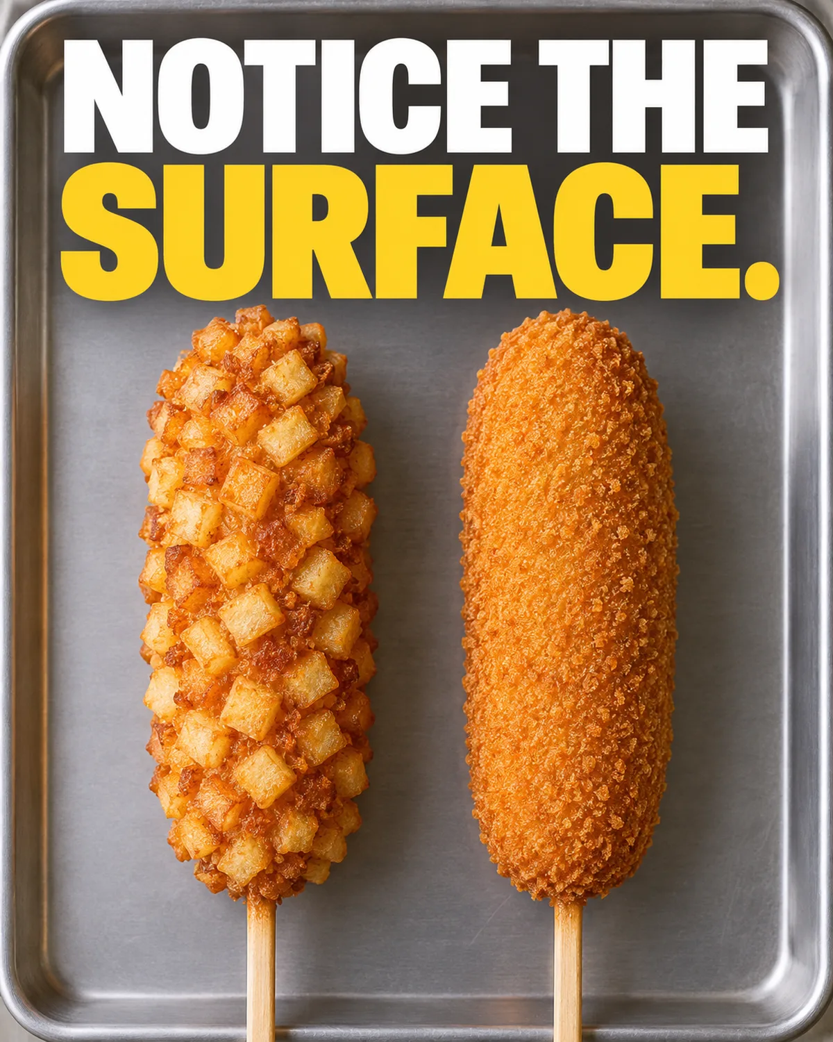 Potato pieces and a finer crumb coating create different surfaces.