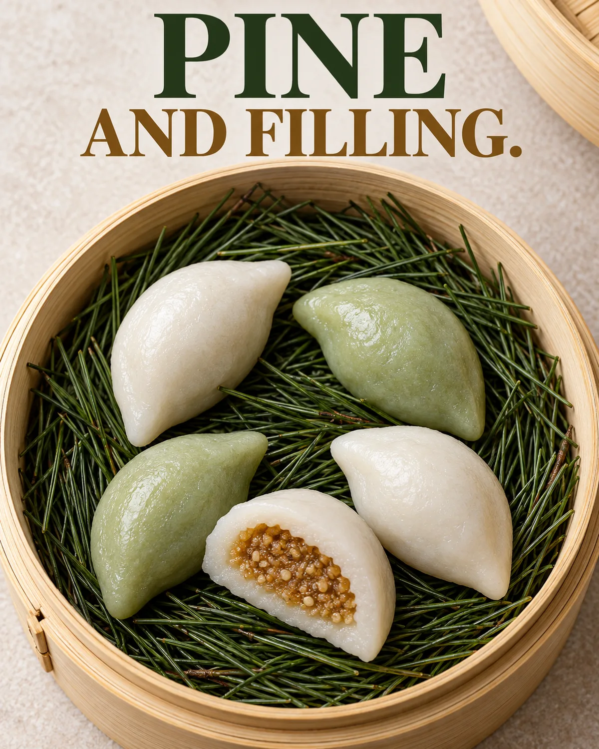 Pine needles used in steaming and a filling inside the cake have different roles.