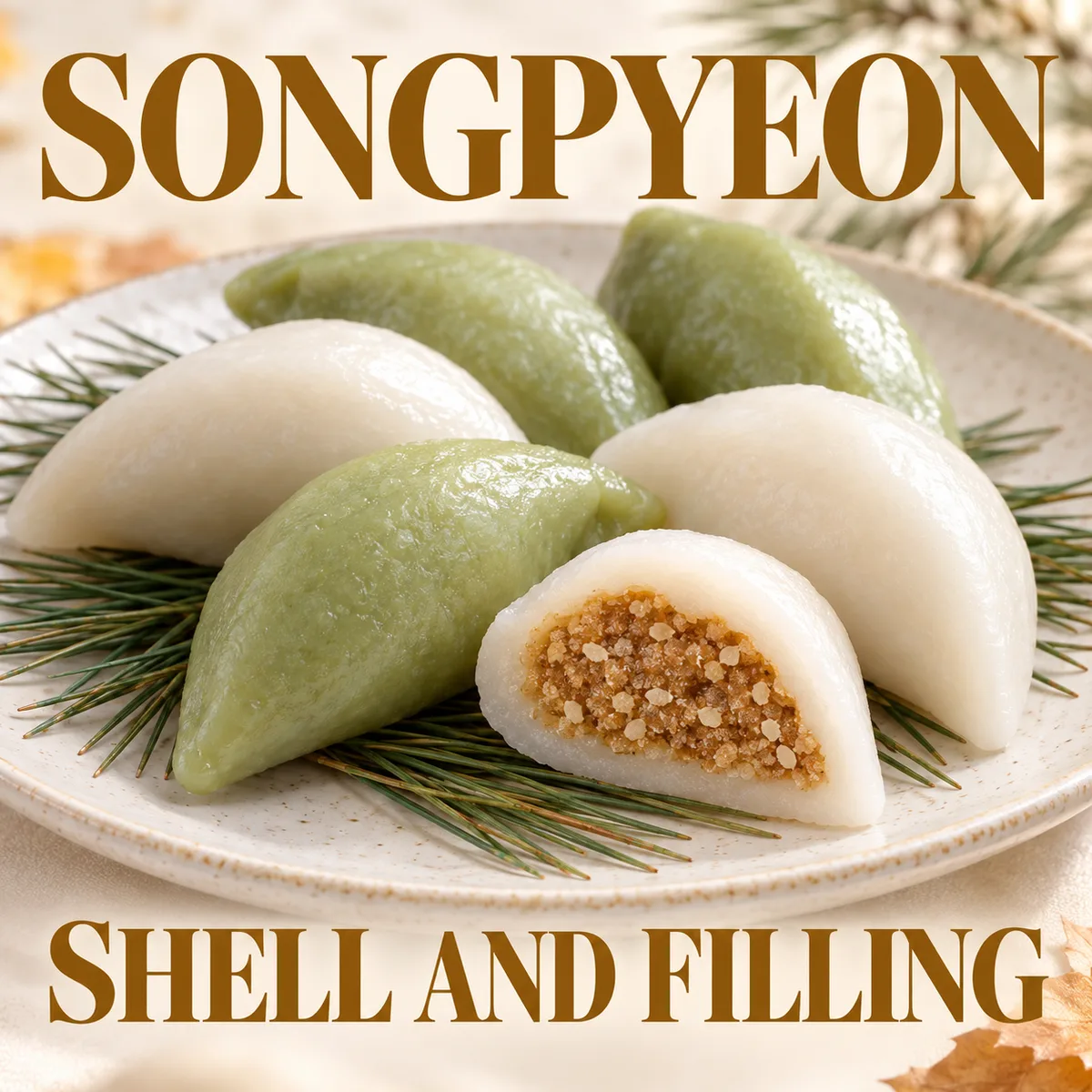 A rice shell encloses the filling of a familiar crescent-shaped songpyeon.