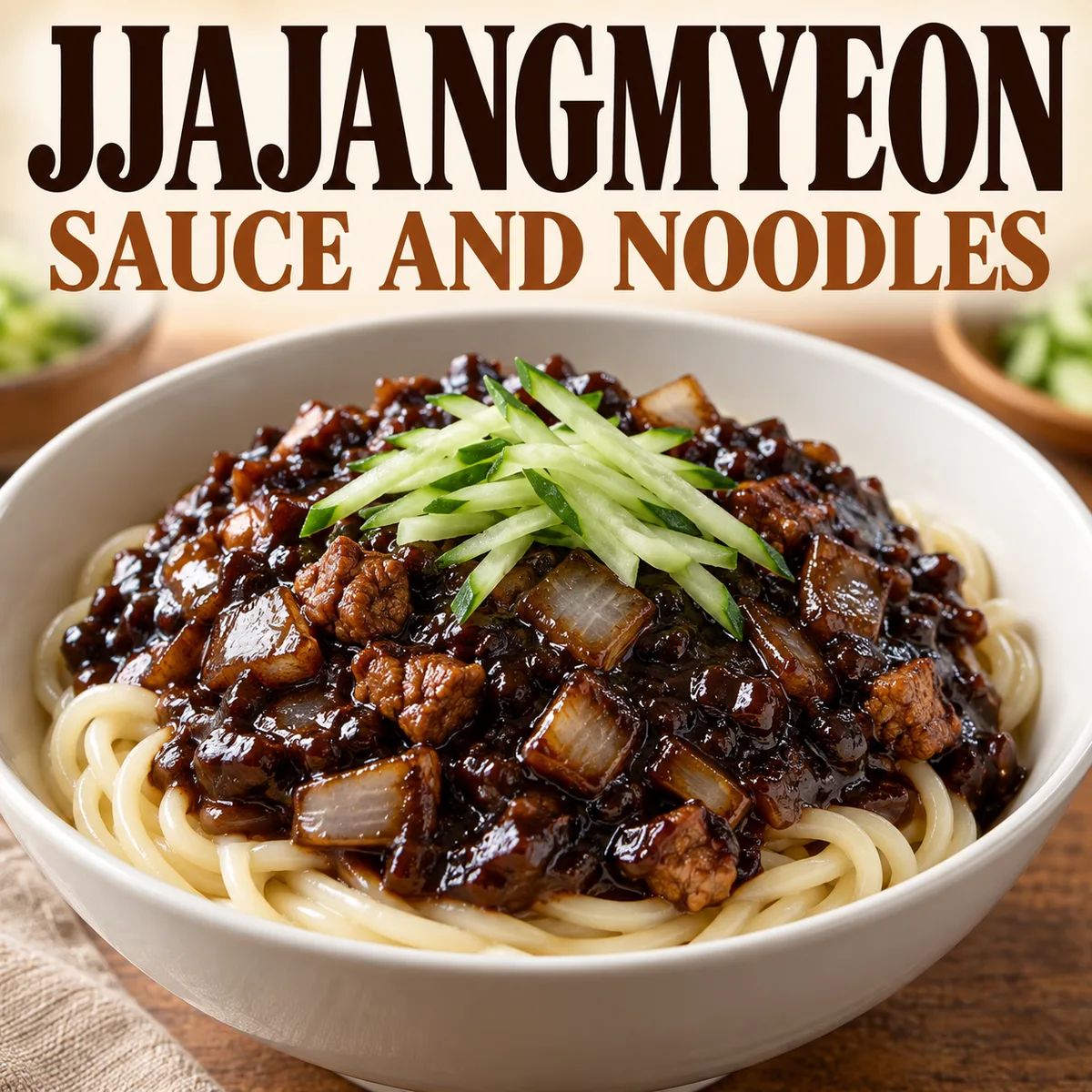 Dark sauce coats wheat noodles in a bowl of jjajangmyeon.