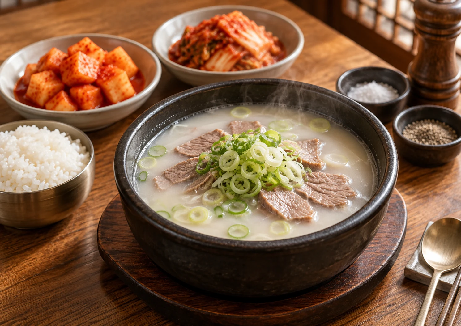 ソルロンタンとご飯、キムチ、カクテキの食卓