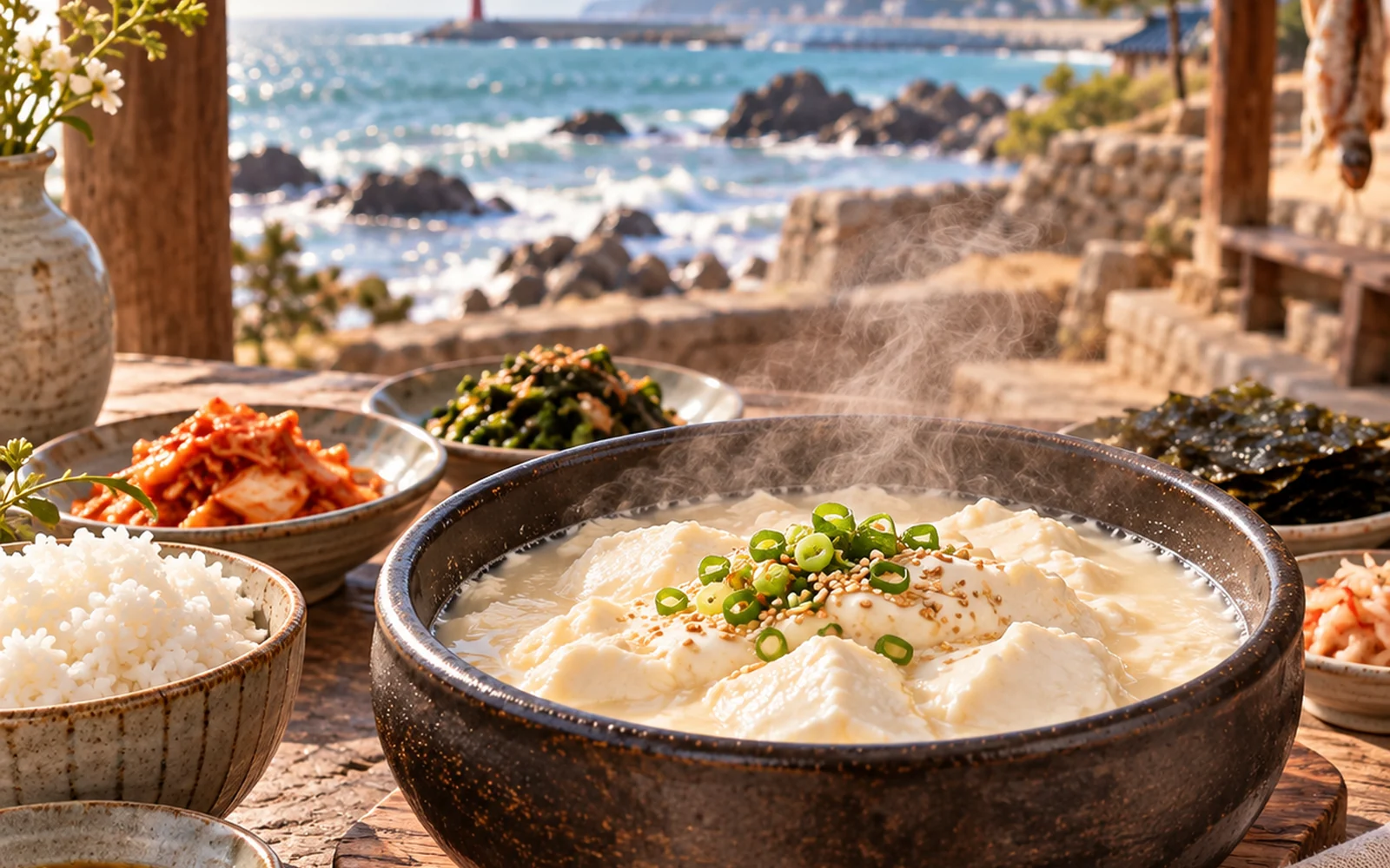 Plain Chodang sundubu served with rice and simple side dishes