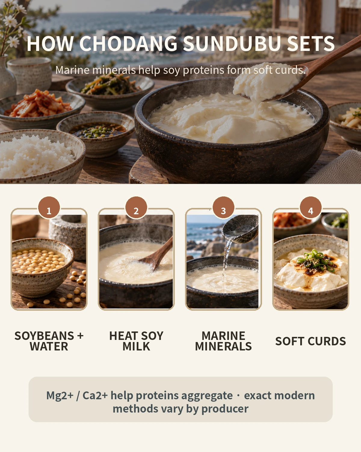 How soy milk becomes soft Chodang sundubu through marine-mineral coagulation