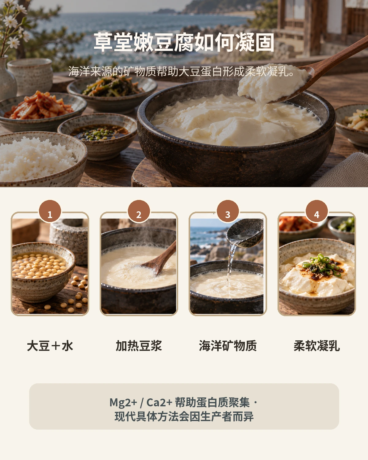海洋矿物质帮助豆浆凝固成柔软草堂嫩豆腐的过程