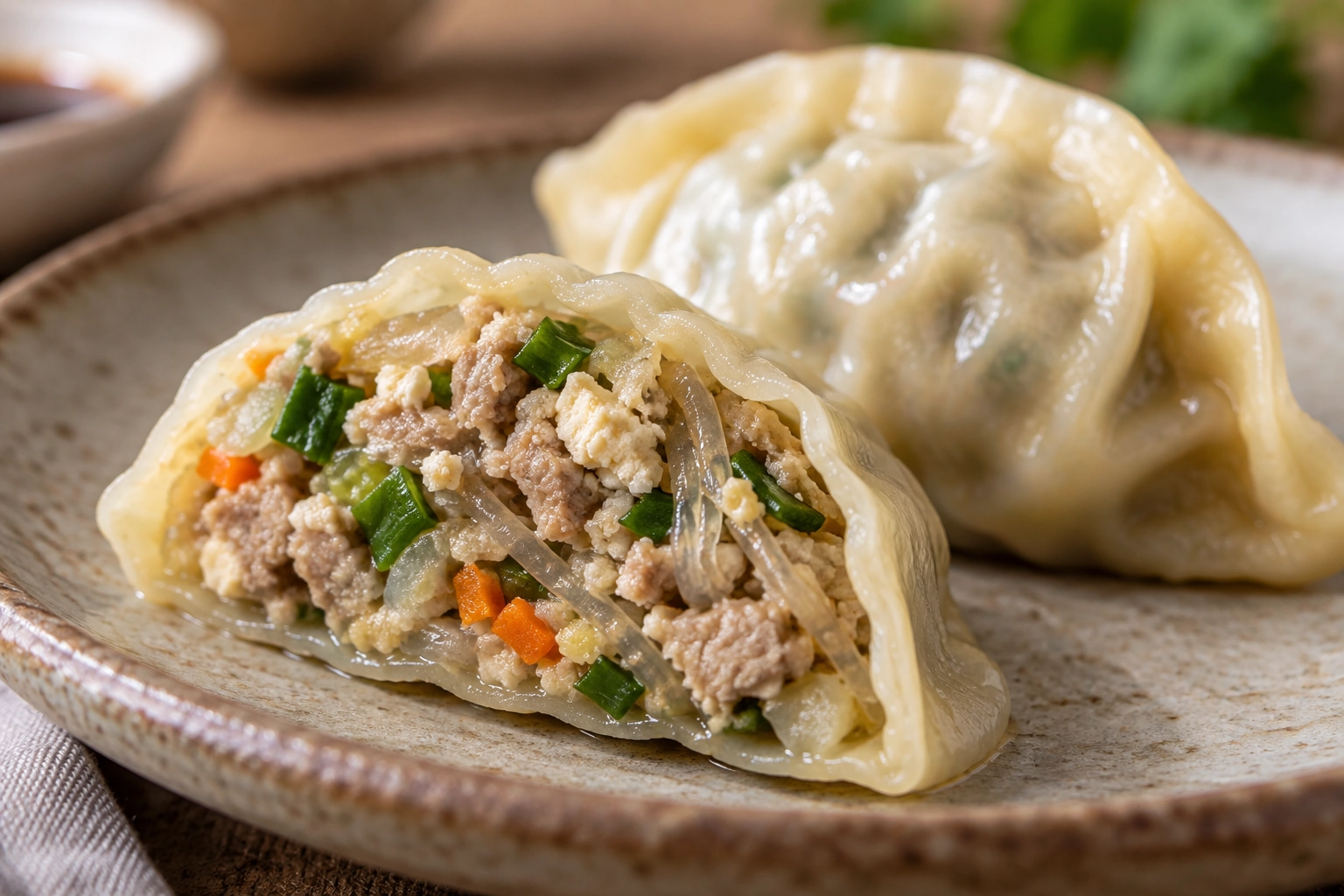 One mandu filling combines meat, tofu, vegetables and starch noodles.