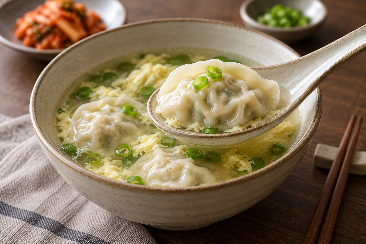 A soft mandu lifted on a spoon from clear soup with egg and green onion.