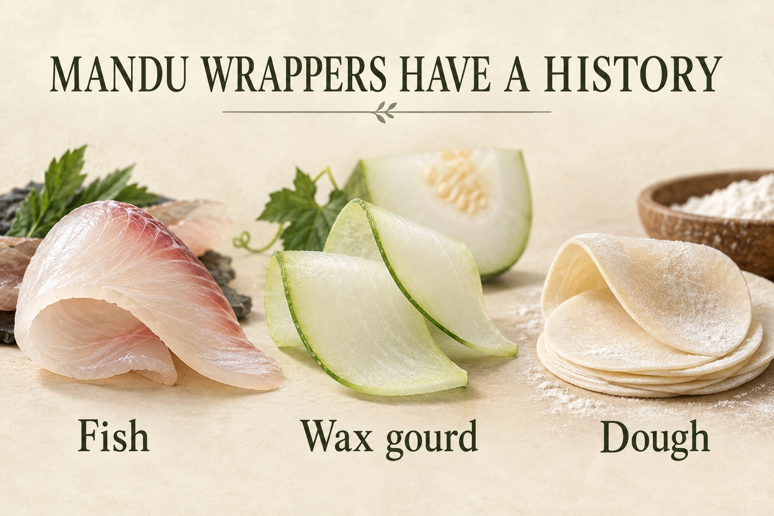 Fish flesh, wax-gourd slices and flour dough shown as different mandu wrapper materials.