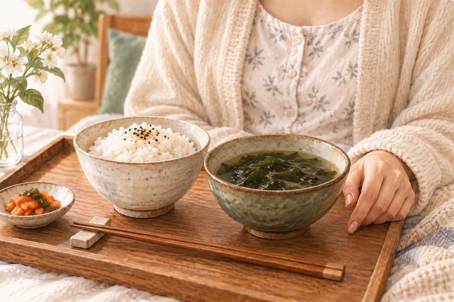 Rice and seaweed soup without beef on a tray beside a seated woman.